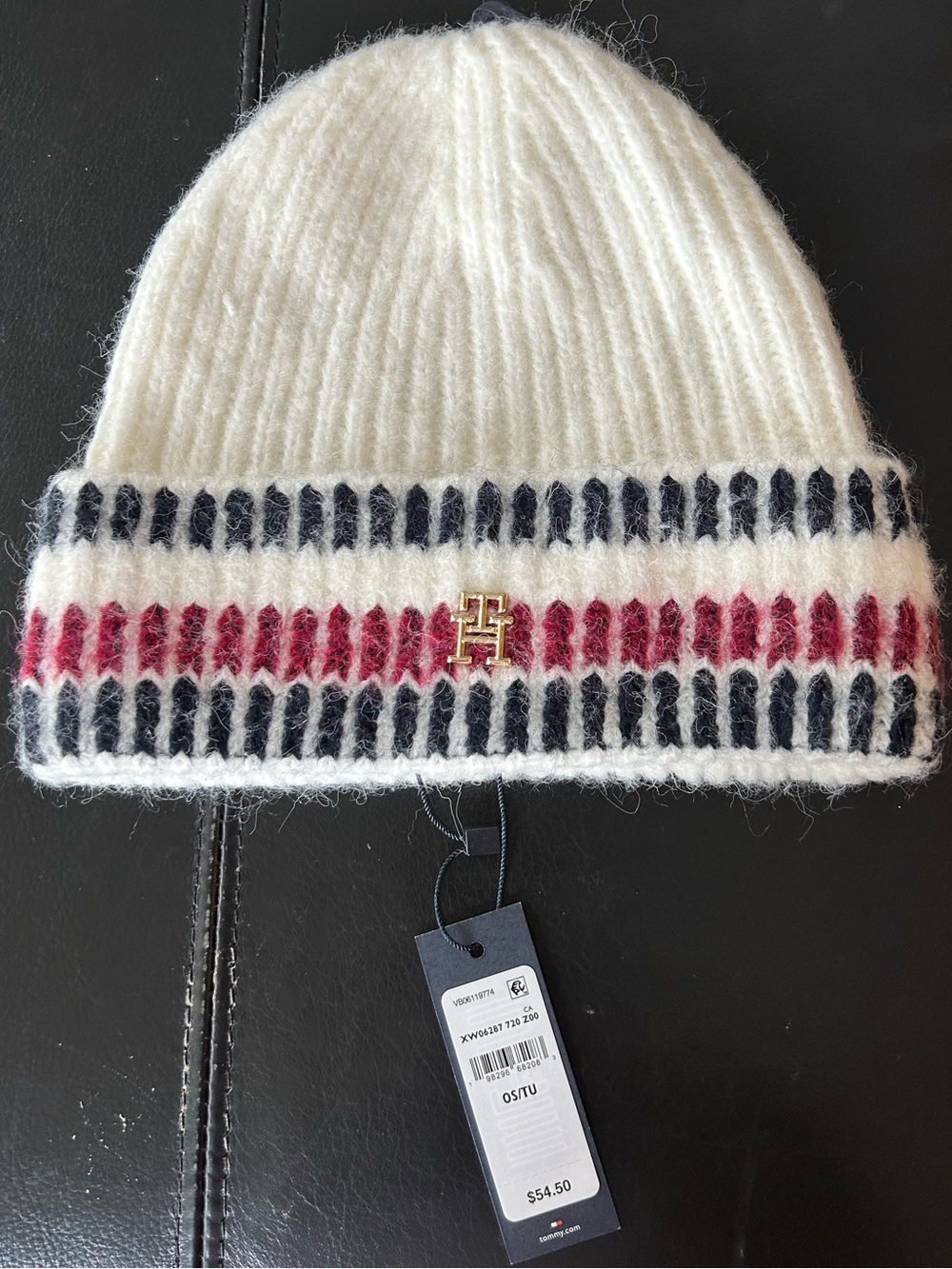 Tommy Hilfiger Cream Knit Beanie with Navy and Red Stripe